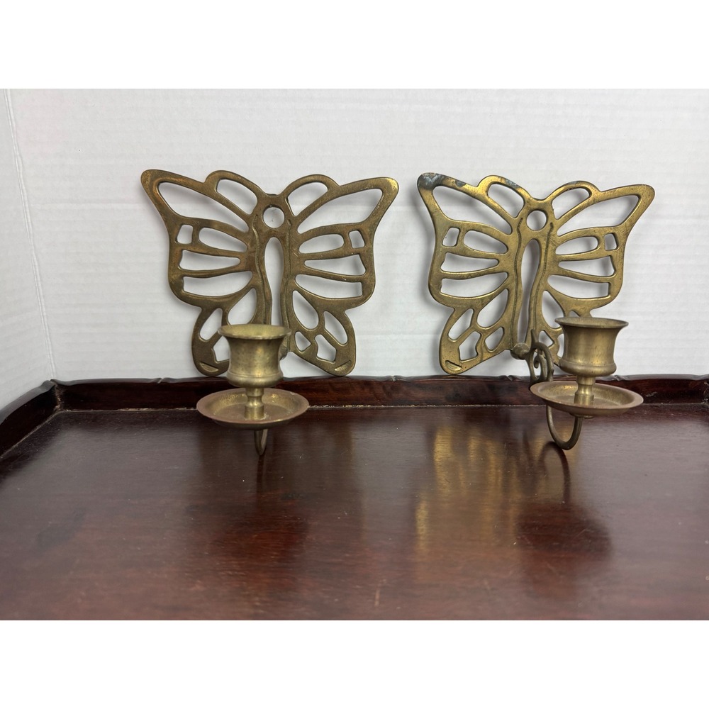 Vintage Brass Butterfly Wall Sconces Pair Mid Century Candle Holders Set of 2